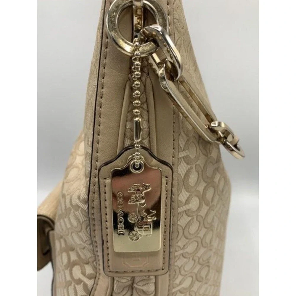 Coach Madison Signature OP Art 2 Way Beige Canvas Turnlock Zipper Shoulder Bag
